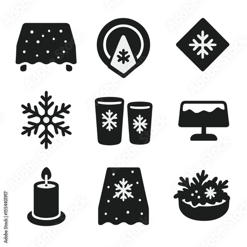 Winter Party Icons. Solid, filled icons set of festive winter party table: snowy tablecloth, white plates,