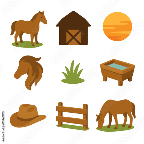 Horse Sunset Icon Set. Isometric Flat icon set of horses roaming at sundown: horse, stable silhouette, sunset sun, flowing mane,