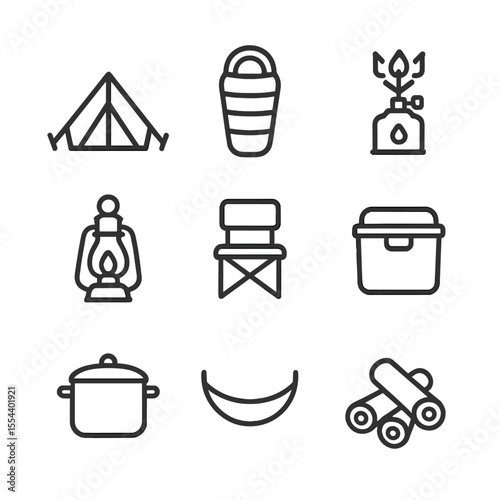 Camping Gear Icons. Outline icon set of camping equipment: tent, sleeping bag, camp stove, lantern, camp chair, cooler, cooking