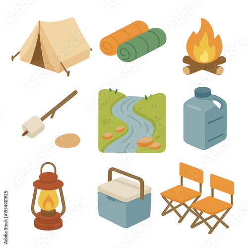 Camping Icon Set. Isometric Flat icon set of couple camping by a farm stream: canvas tent, sleeping bags, campfire, marshmallow on