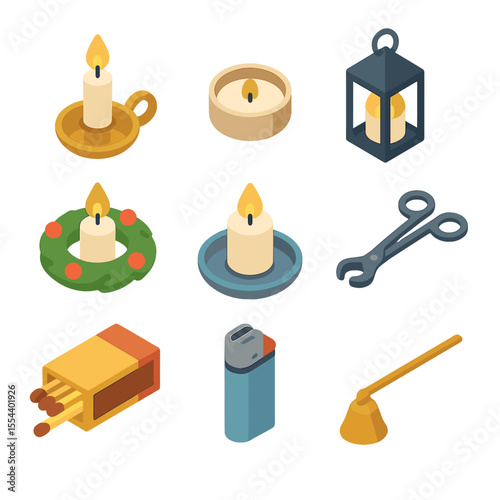 Candle Accessories Icons. Isometric Flat icon set of candle holders and accessories: candlestick holder, tealight holder, lantern,
