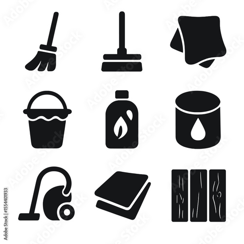 Wood Floor Care Icons. Solid, filled icons set of wooden floor care basics: broom icon, mop, soft cloth,
