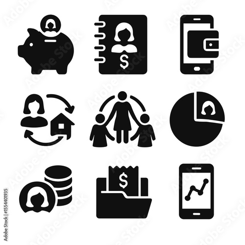 Women's Financial Icons. Solid, filled icons set of women’s financial empowerment: piggy bank, savings