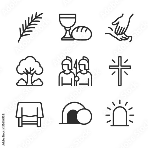 Holy Week Icons. Outline icon set of Holy Week Rituals: palm branch, chalice and bread, washing of feet, Gethsemane garden,