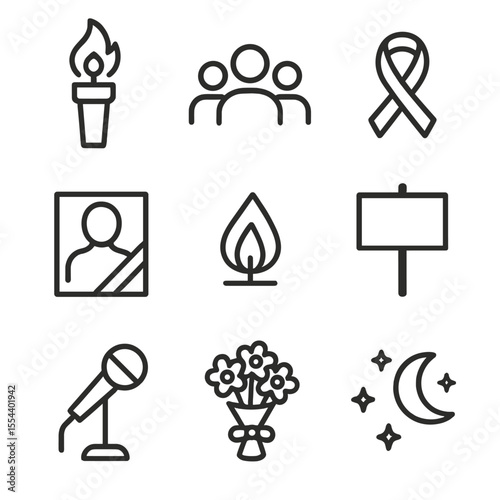 Candlelight Vigil Icons. Outline icon set of candlelight vigil: torch candle, group silhouette, solidarity ribbon, memorial photo,