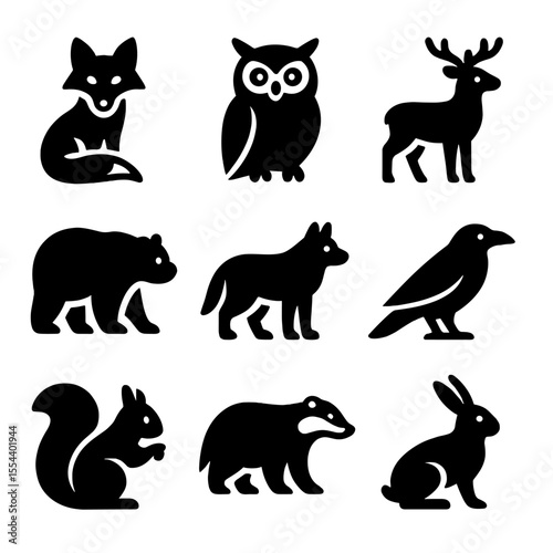 Woodland Creatures Icons. Solid, filled icons set of woodland creatures and allies: fox, owl, deer, bear, wolf