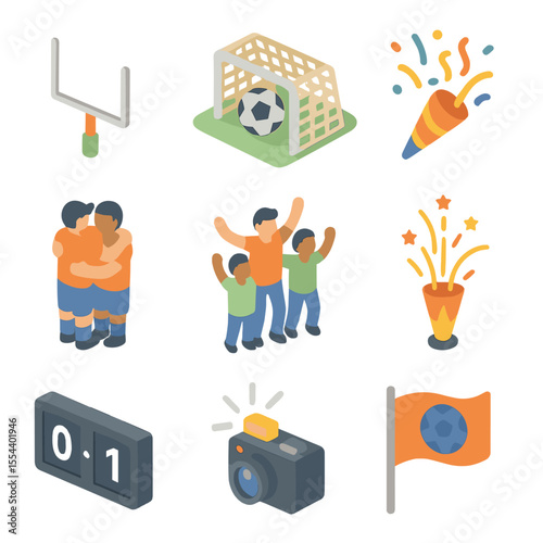 Football Celebration Icons. Isometric Flat icon set of football field goal celebration: goalpost, net bulge, confetti cannon,