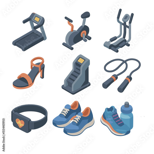 Footwear and Fitness Icons. Isometric Flat icon set of formal shoes collection: stiletto heel pump, strappy sandal, peep-toe pump,
