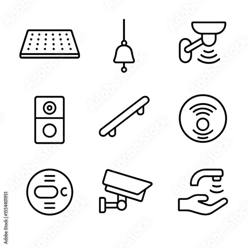 Home Safety Icons. Outline icon set of home safety modifications: non-slip mat, emergency pull cord, motion-sensor light, smart