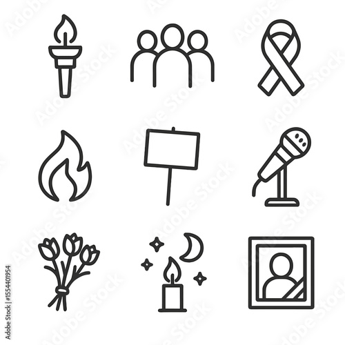 Candlelight Vigil Icons. Outline icon set of candlelight vigil: torch candle, group silhouette, solidarity ribbon, memorial photo,