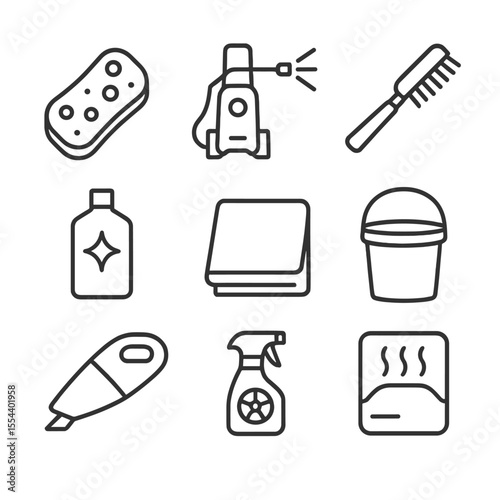 Car Cleaning Icons. Outline icon set of Car and Vehicle Cleaning: car wash sponge, pressure washer, tire brush, wax bottle,