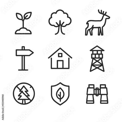 Forest Conservation Icons. Outline icon set of forest conservation: tree sapling, canopy, wildlife silhouette, hiking trail sign,