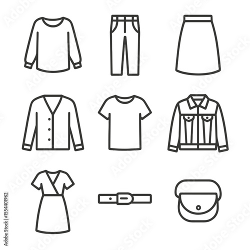 Capsule Wardrobe Icons. Outline icon set of capsule wardrobe planning: neutral blouse, tailored trousers, midi skirt, cardigans,