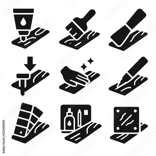 Wood Floor Repair Icons. Solid, filled icons set of repairing wooden floors: wood filler, small brush, repair