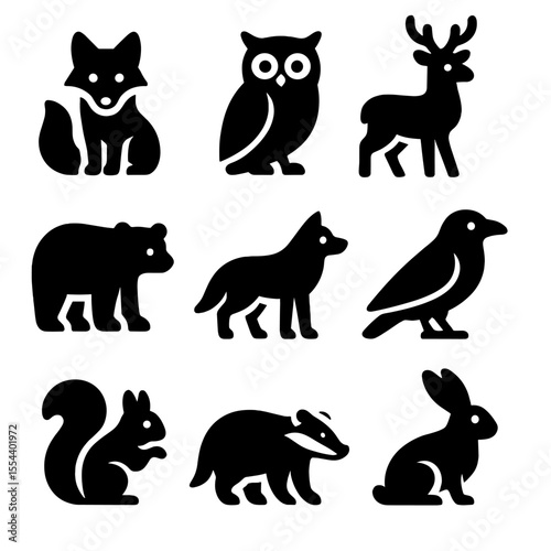 Woodland Creatures Icons. Solid, filled icons set of woodland creatures and allies: fox, owl, deer, bear, wolf