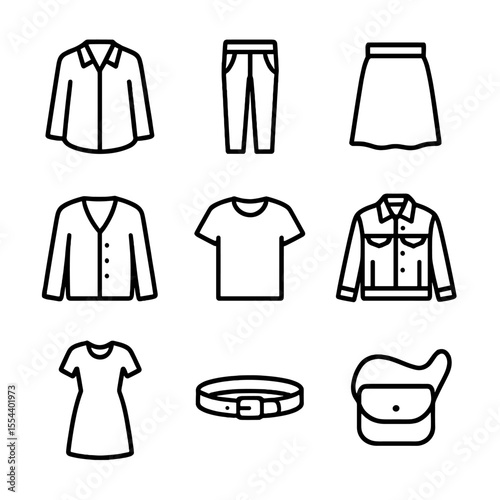 Capsule Wardrobe Icons. Outline icon set of capsule wardrobe planning: neutral blouse, tailored trousers, midi skirt, cardigans,