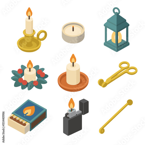 Candle Accessories Icons. Isometric Flat icon set of candle holders and accessories: candlestick holder, tealight holder, lantern,