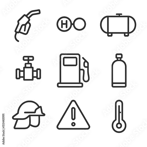 Hydrogen Station Icon Set. Outline icon set of hydrogen refueling stations: hydrogen pump nozzle, H₂ molecule icon, pressure tank,