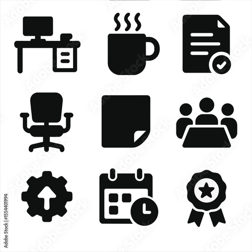 Workday Icon Suite. Solid, filled icons set of workday organization: office desk, morning coffee, task paper,