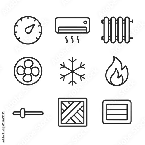 HVAC Icon Set. Outline icon set of HVAC and climate control: thermostat dial, air conditioning unit, heating radiator, fan icon,