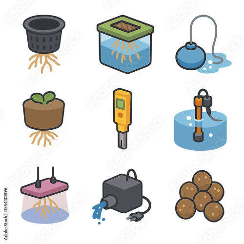 Hydroponic Icons Grid. Isometric Flat icon set of hydroponic root setups: net pot with roots, nutrient solution reservoir, oxygen