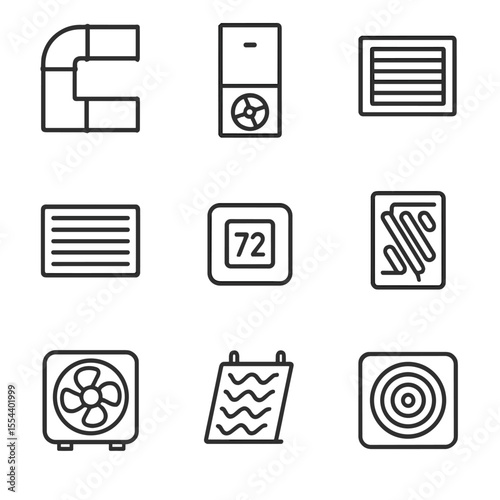 HVAC System Icons. Outline icon set of HVAC System Cutaway: ductwork, air handler, supply vent, return vent, thermostat, heat