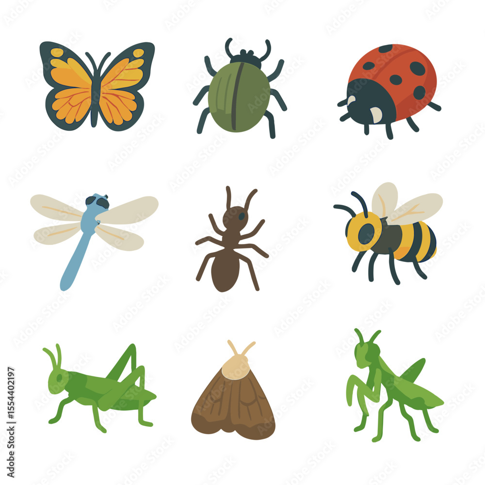 Fototapeta premium Insect Icon Set. Isometric Flat icon set of insect fauna: butterfly, beetle, ladybug, dragonfly, ant, bee, grasshopper, moth,