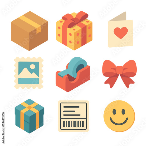 Care Package Icons. Isometric Flat icon set of care package sending: cardboard box, gift wrap, greeting card, postage stamp, tape