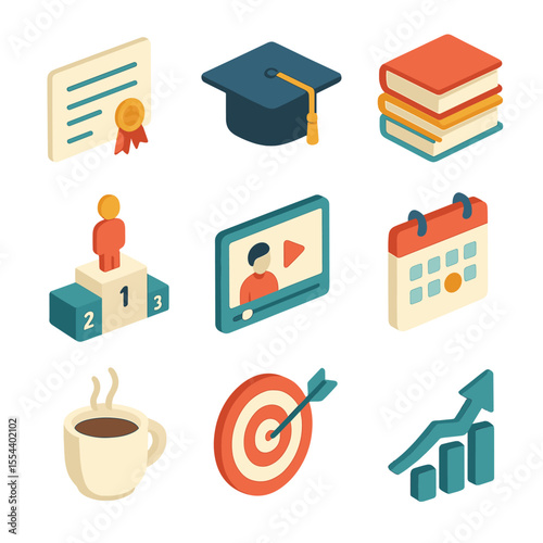 Isometric Icon Set. Isometric Flat icon set of professional development for colleagues: certificate, graduation cap, book stack,