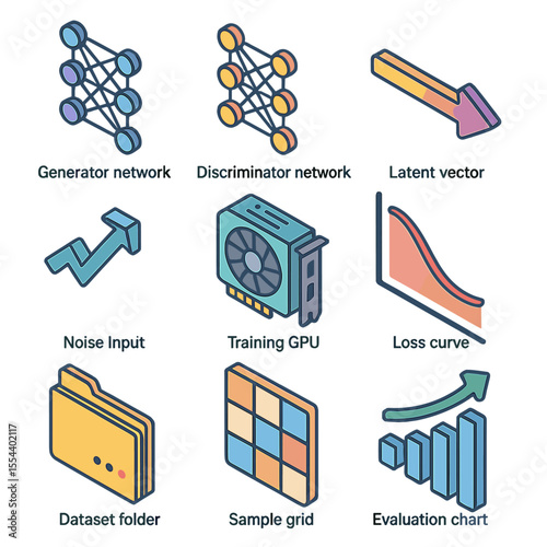 Isometric GANs Icon Set. Isometric Flat icon set of Generative Adversarial Networks (GANs): generator network, discriminator