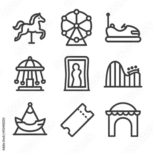 Carnival Ride Icons. Outline icon set of carnival rides alongside parade: carousel horse, ferris wheel, bumper car, tilt-a-whirl,