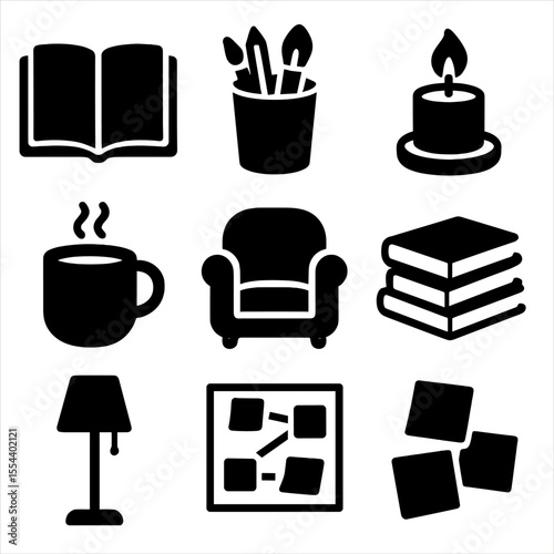 Writing Nook Icons. Solid, filled icons set of writing and journaling nook: open notebook, pen holder, candle,