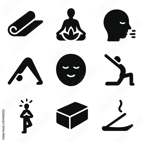 Yoga Icon Set. Solid, filled icons set of stress relief through yoga: yoga mat, lotus pose, deep breath icon,