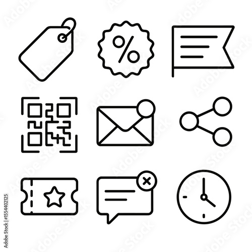 In-Store Icon Set. Outline icon set of in-store marketing and promotions: sale tag, discount badge, banner ad, QR code, email
