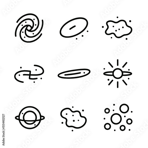 Galaxy Icons Grid. Outline icon set of galaxies: spiral galaxy, elliptical galaxy, irregular galaxy, barred spiral, lenticular