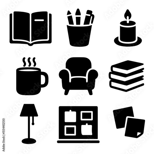 Writing Nook Icons. Solid, filled icons set of writing and journaling nook: open notebook, pen holder, candle,