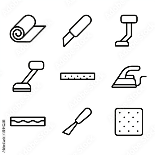 Carpet Installation Icons. Outline icon set of Carpet Installation Process: carpet roll, carpet knife, knee kicker, carpet