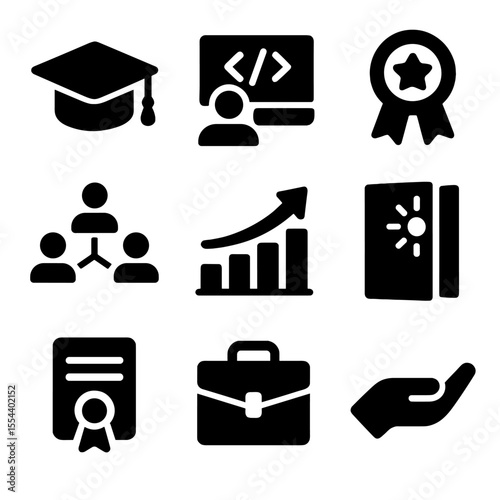 Youth Empowerment Icons. Solid, filled icons set of youth empowerment startups: graduation cap, coding class,