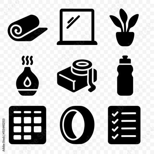 Yoga Studio Essentials. Solid, filled icons set of yoga studio essentials: rolled mat, studio mirror, indoor
