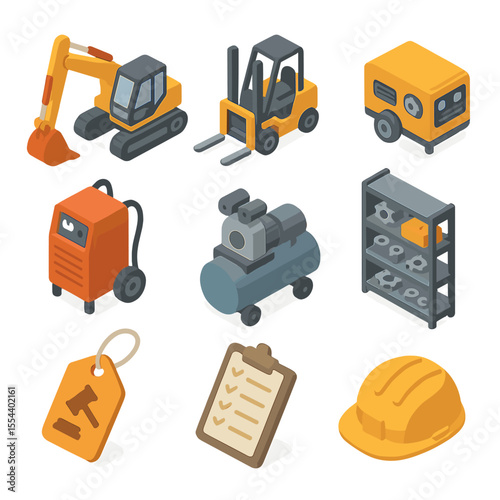 Industrial Equipment Icons. Isometric Flat icon set of industrial equipment auction assets: excavator, forklift, generator,