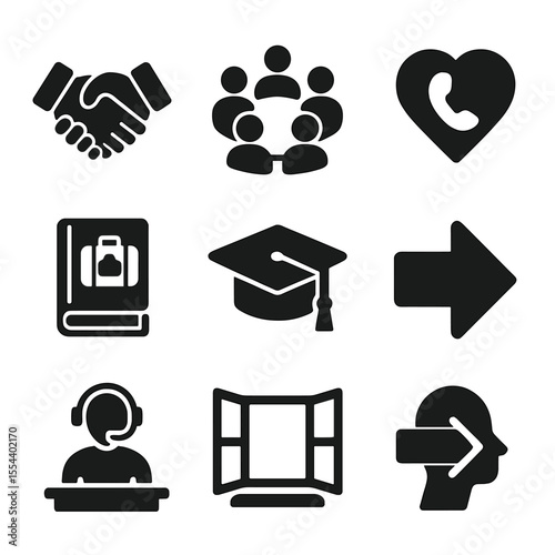 Youth Guidance Icons. Solid, filled icons set of youth guidance programs: handshake icon, group circle,
