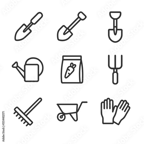 Carrot Cultivation Icons. Outline icon set of Carrot Cultivation Tools: garden trowel, hoe, spade, watering can, seed packet,