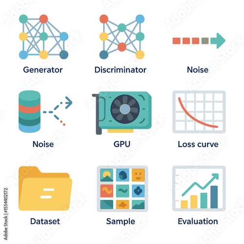 Isometric GANs Icon Set. Isometric Flat icon set of Generative Adversarial Networks (GANs): generator network, discriminator