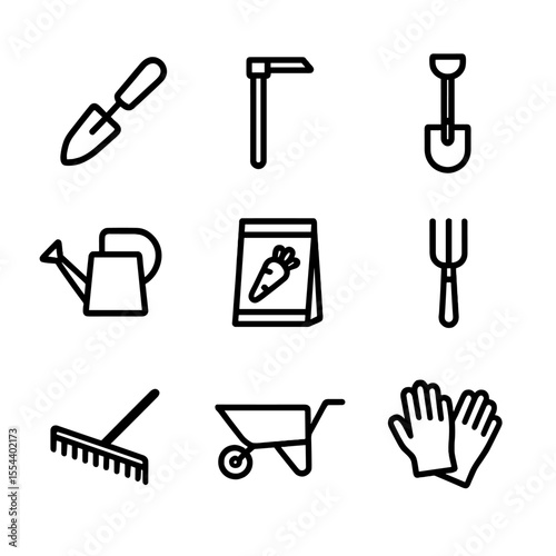 Carrot Cultivation Icons. Outline icon set of Carrot Cultivation Tools: garden trowel, hoe, spade, watering can, seed packet,