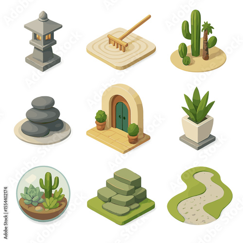Garden Design Icon Set. Isometric Flat icon set of garden design styles: Japanese rock garden lantern, Zen sand rake, desert oasis