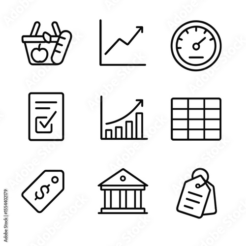 Inflation Icon Set. Outline icon set of measuring inflation: consumer price basket, producer price index chart, GDP deflator gauge