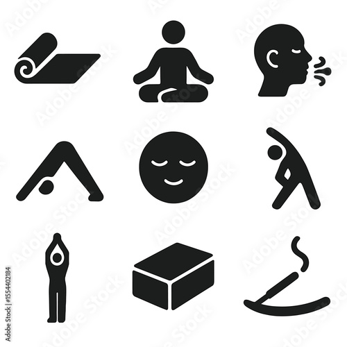 Yoga Icon Set. Solid, filled icons set of stress relief through yoga: yoga mat, lotus pose, deep breath icon,