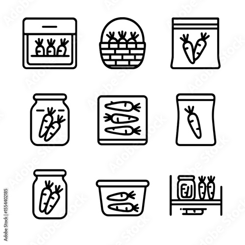 Carrot Storage Icons. Outline icon set of Carrot Storage and Preservation: refrigeration drawer, root cellar basket, freezing bag,