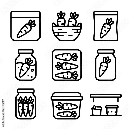 Carrot Storage Icons. Outline icon set of Carrot Storage and Preservation: refrigeration drawer, root cellar basket, freezing bag,