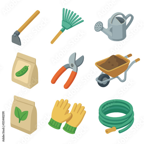 Garden Tools Icon Set. Isometric Flat icon set of cucumber garden tools: digging hoe, leaf rake, zinc-coated watering can, seed
